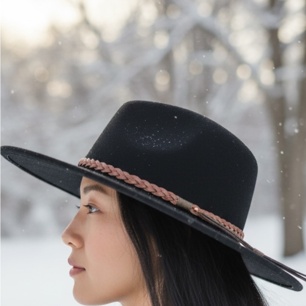 Black Wool Hat with Tan Braided Band - Picture 2 of 2